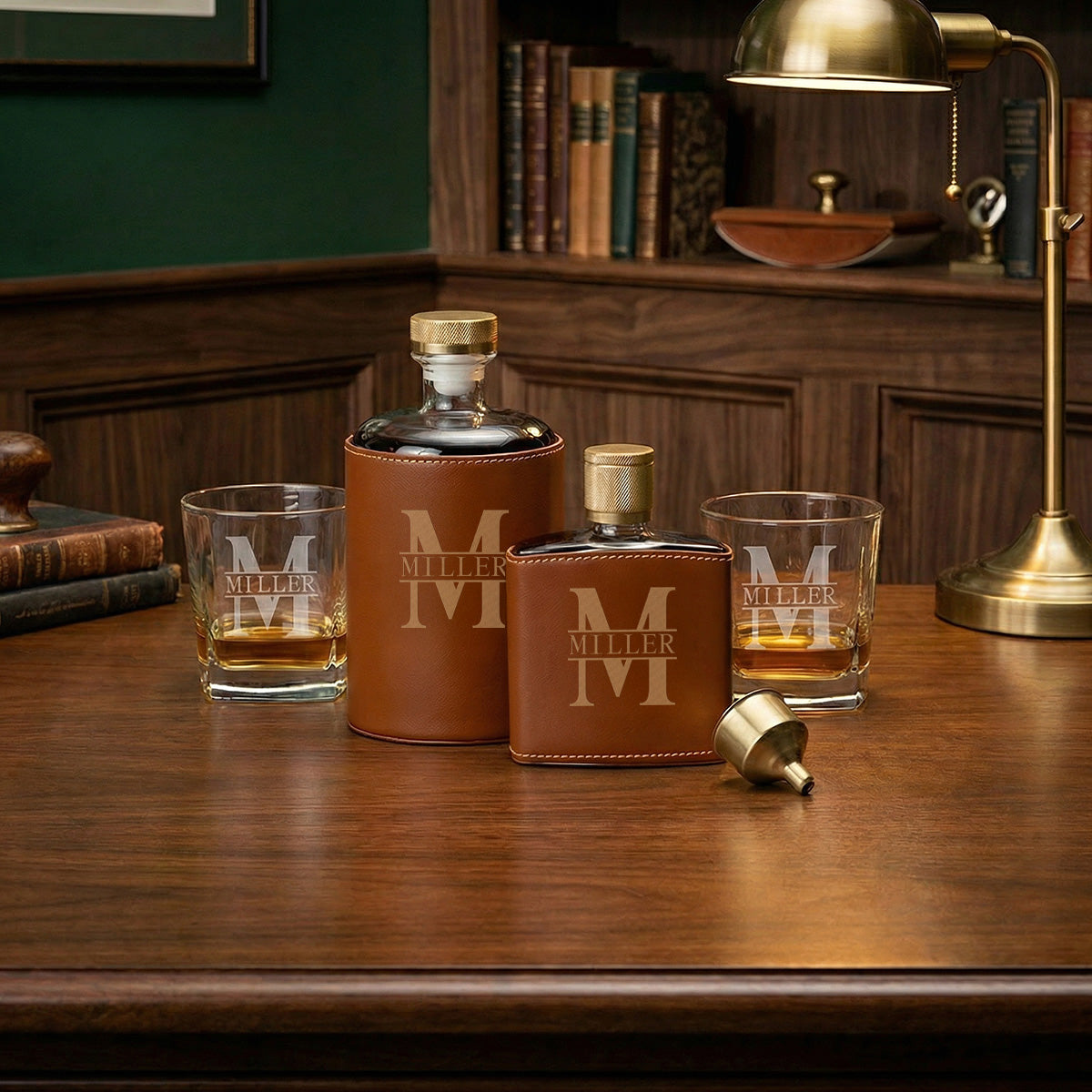 Crawford Leather Wrapped Custom Bourbon Decanter and Flask Set