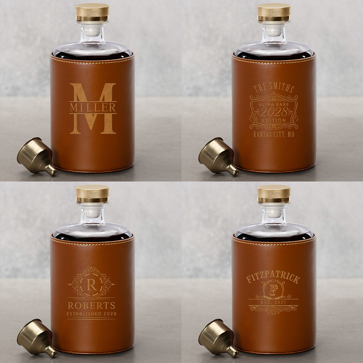 4 design examples of the Crawford Custom Bourbon Decanter Set - Leather Wrapped