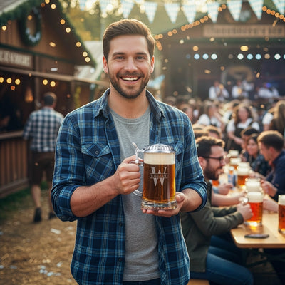 Smiling man in blue plaid shirt holding a beer stein at an outdoor festival with string lights and crowd.