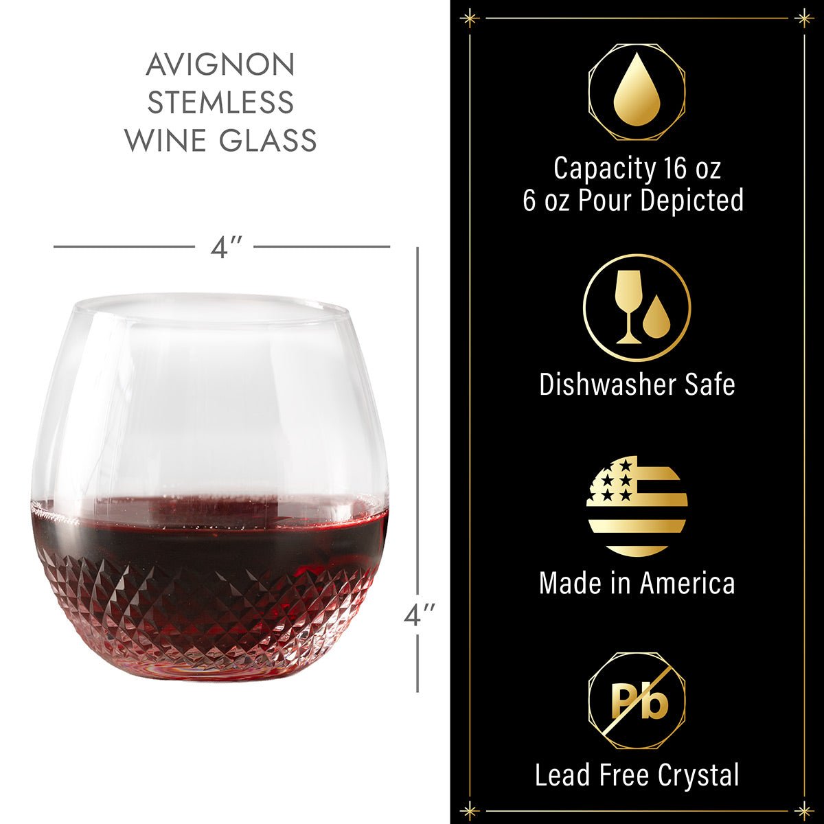 Avignon Custom Crystal Wine Glass Stemless details and measurements