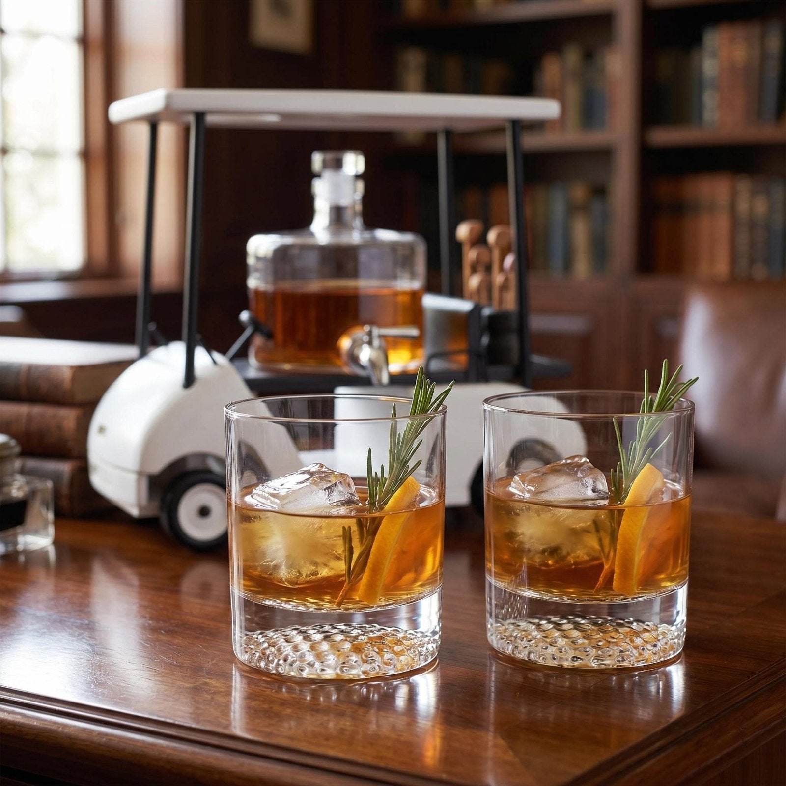 Back Nine Golf Cart Whiskey Decanter Dispenser Set w/ Golf Ball Bottom Glasses