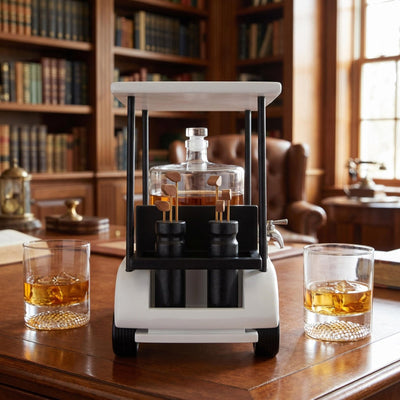 Back Nine Golf Cart Whiskey Decanter Dispenser Set w/ Golf Ball Bottom Glasses