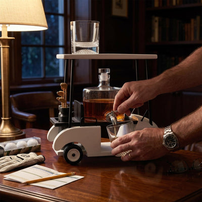 Back Nine Golf Cart Whiskey Decanter Dispenser Set w/ Golf Ball Bottom Glasses