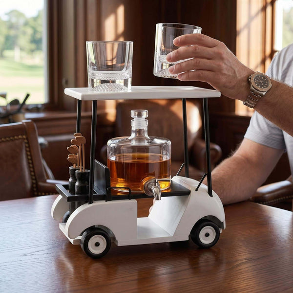 Back Nine Golf Cart Whiskey Decanter Dispenser Set w/ Golf Ball Bottom Glasses