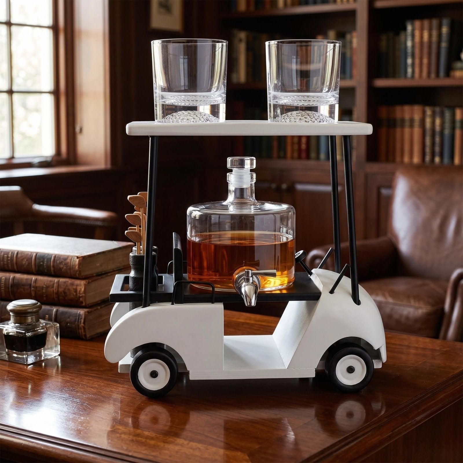 Back Nine Golf Cart Whiskey Decanter Dispenser Set w/ Golf Ball Bottom Glasses