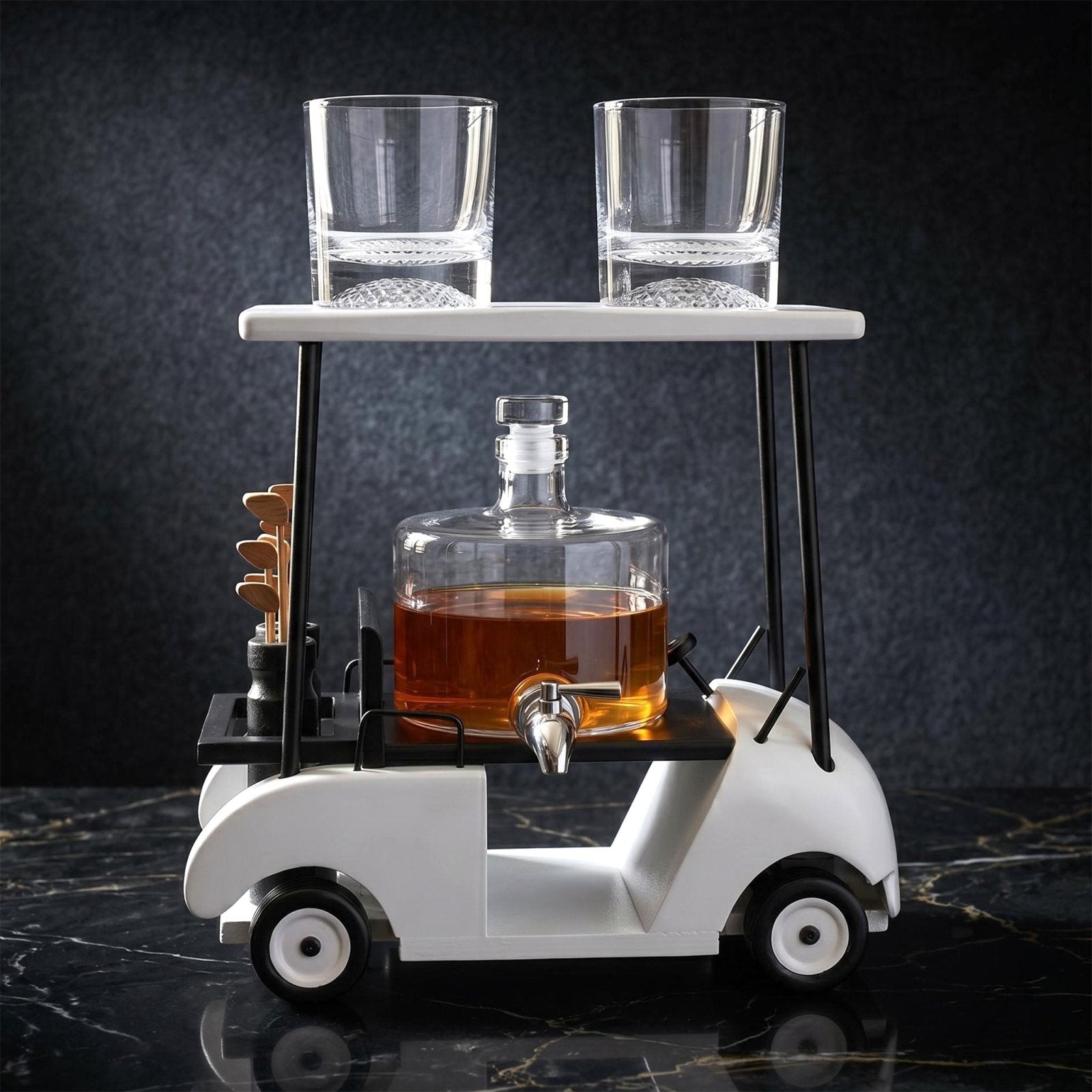 Back Nine Golf Cart Whiskey Decanter Dispenser Set w/ Golf Ball Bottom Glasses