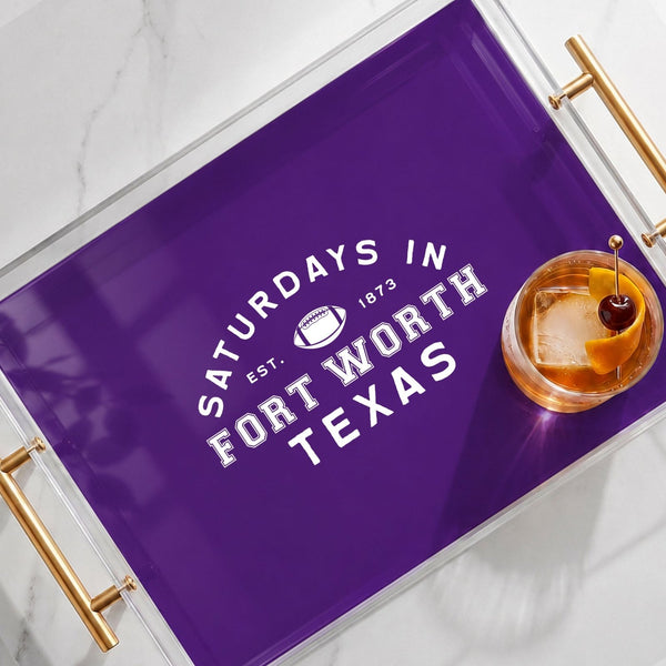 custom college football acrylic serving tray with a cocktail drink