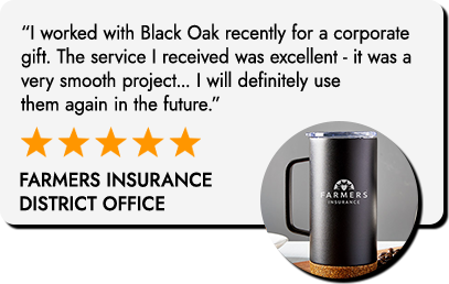 Testimonial quote with five stars and “Farmers Insurance District Office,” plus circular inset of a black Farmers tumbler.