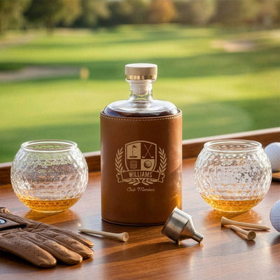 Crawford Leather Whiskey Decanter - Golf Ball Glasses