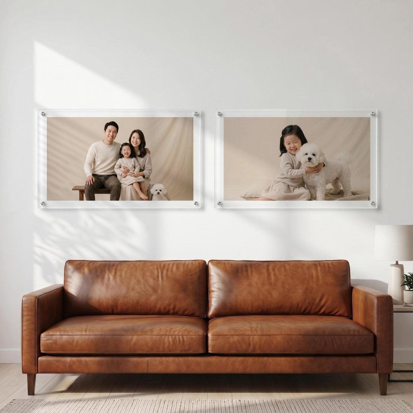 Acrylic photo prints showing a family portrait and a child with a dog
