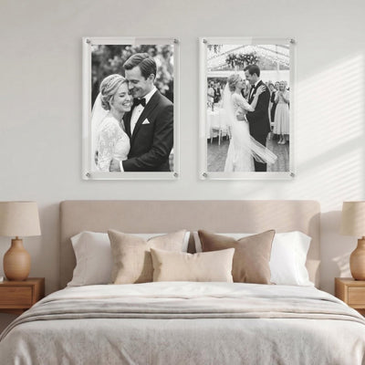 Two acrylic photo prints with black and white wedding portraits