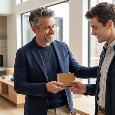 two men holding onto the Callister Leather RFID Blocking Wallet