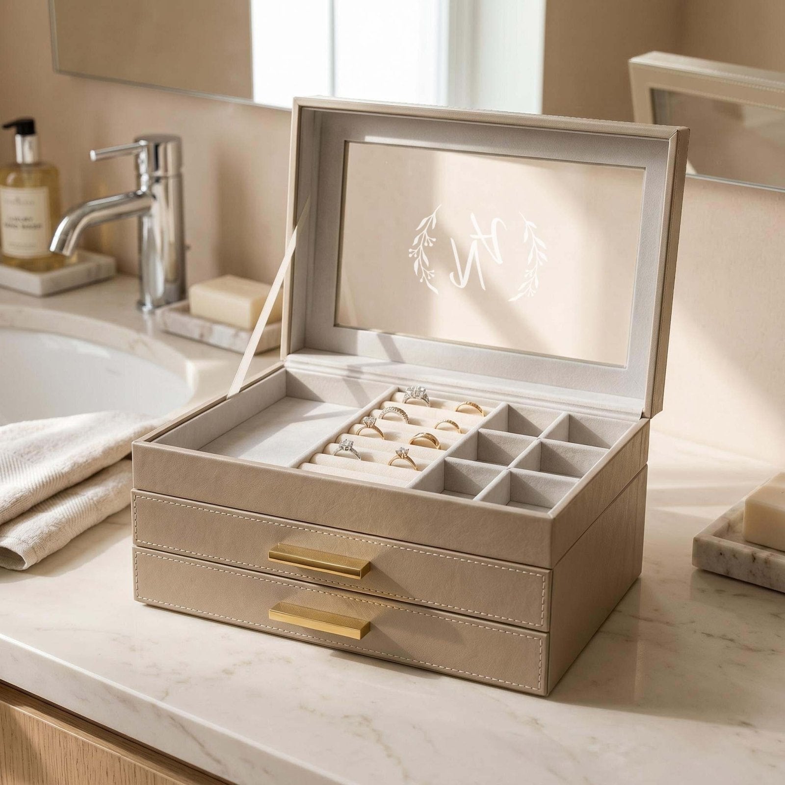 Custom Jewelry Box Organizer w/ Drawers, Champagne