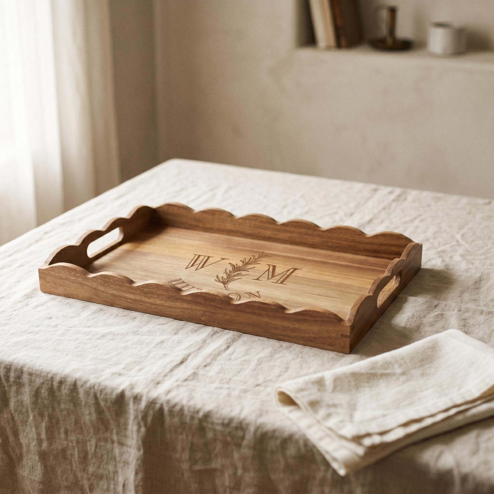 Custom Scalloped Acacia Wooden Serving Tray - 18 x 12 in
