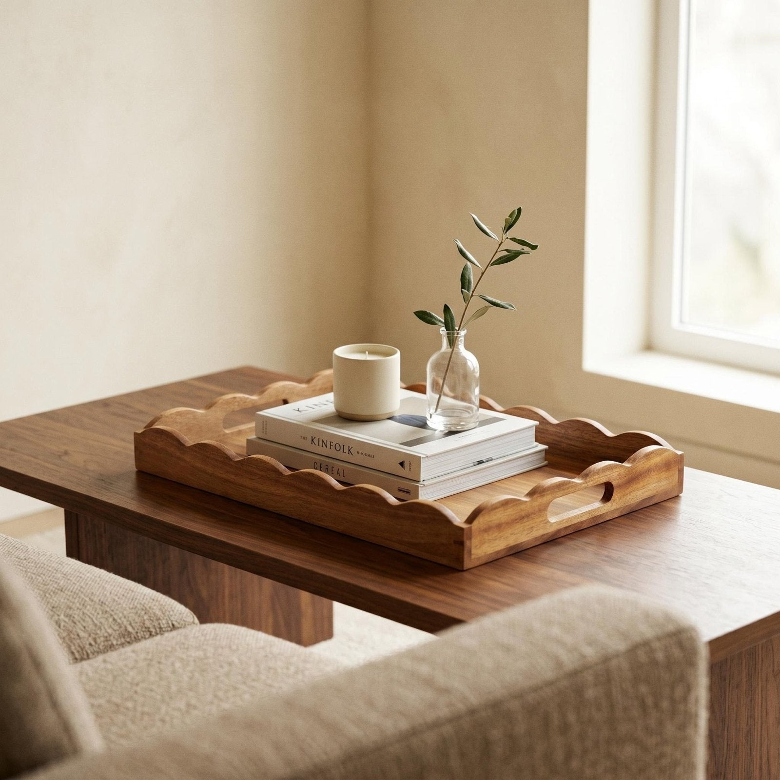 Custom Scalloped Acacia Wooden Serving Tray - 18 x 12 in