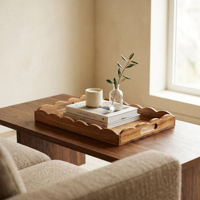 Custom Scalloped Acacia Wooden Serving Tray - 18 x 12 in