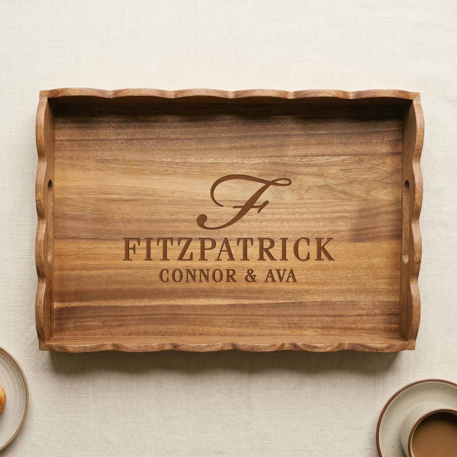Custom Scalloped Acacia Wooden Serving Tray - 18 x 12 in