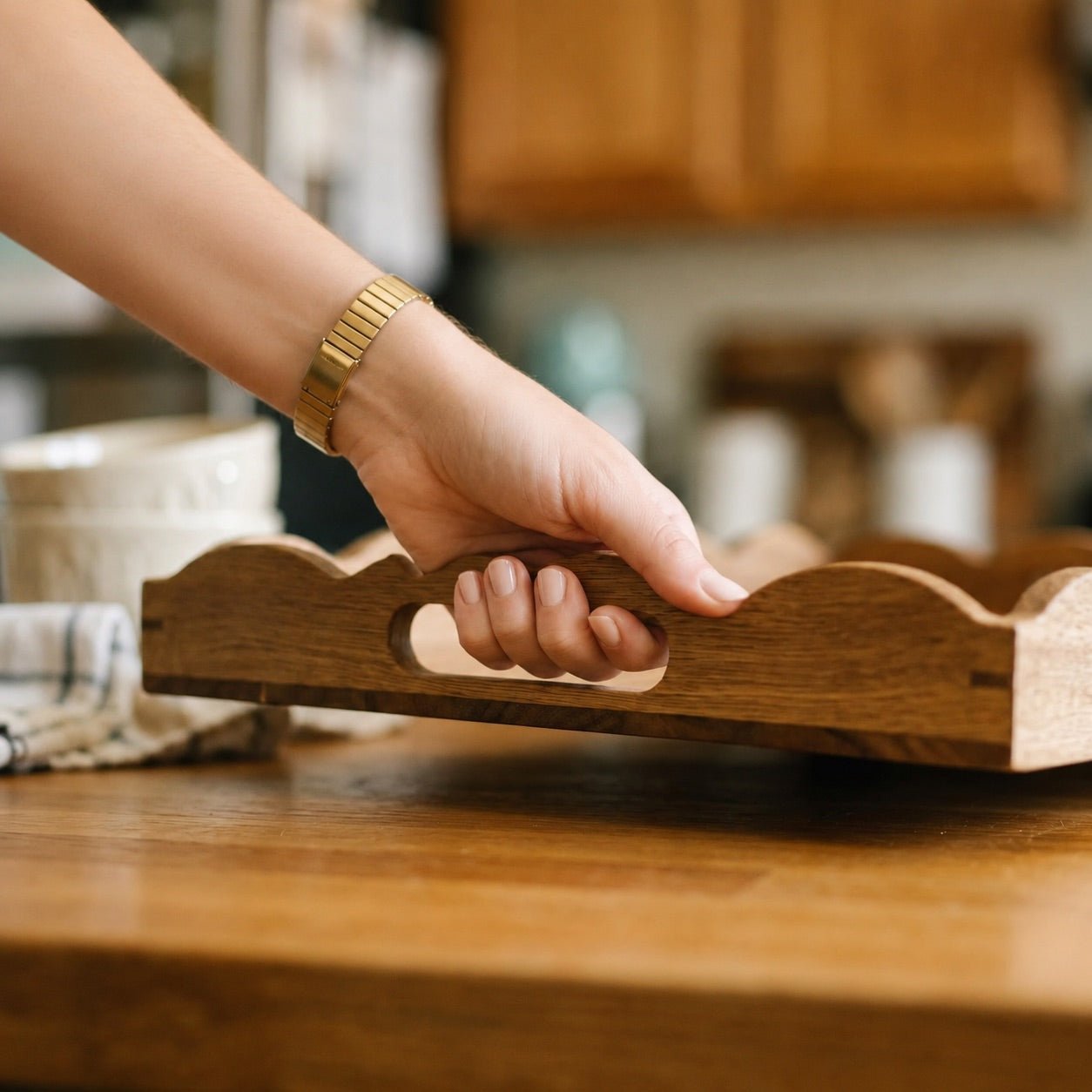 Custom Scalloped Acacia Wooden Serving Tray - 18 x 12 in