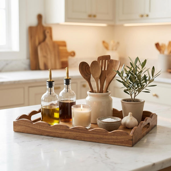 Custom Scalloped Acacia Wooden Serving Tray - 18 x 12 in