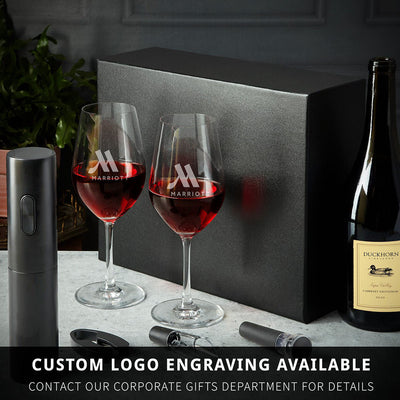 Custom Wine Glass Set - 6pc Boxed Wine Gift Set with Electric Opener
