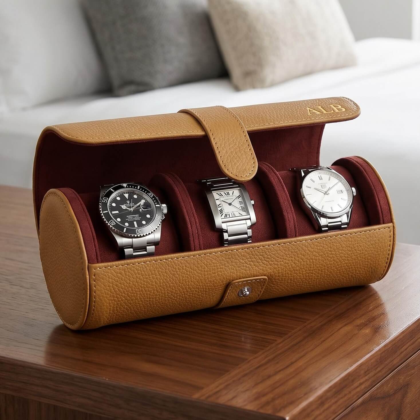 Durham Custom Leather Watch Roll for Travel - British Tan
