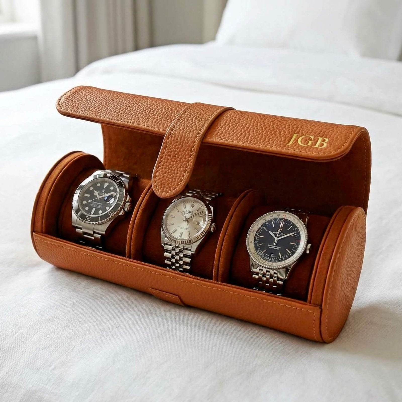 Durham Custom Leather Watch Roll for Travel, Camel