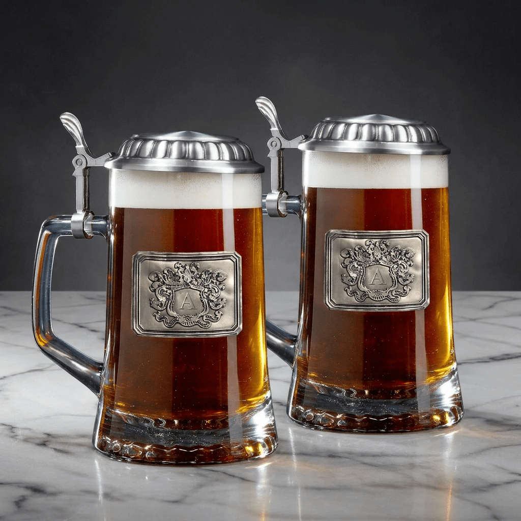 German Custom Beer Stein with Pewter Crest and Lid