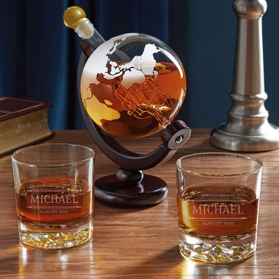 Glacier Bottom Personalized Glasses and Globe Whiskey Decanter Set