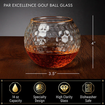Clear golf ball–style whiskey glass with details and measurements