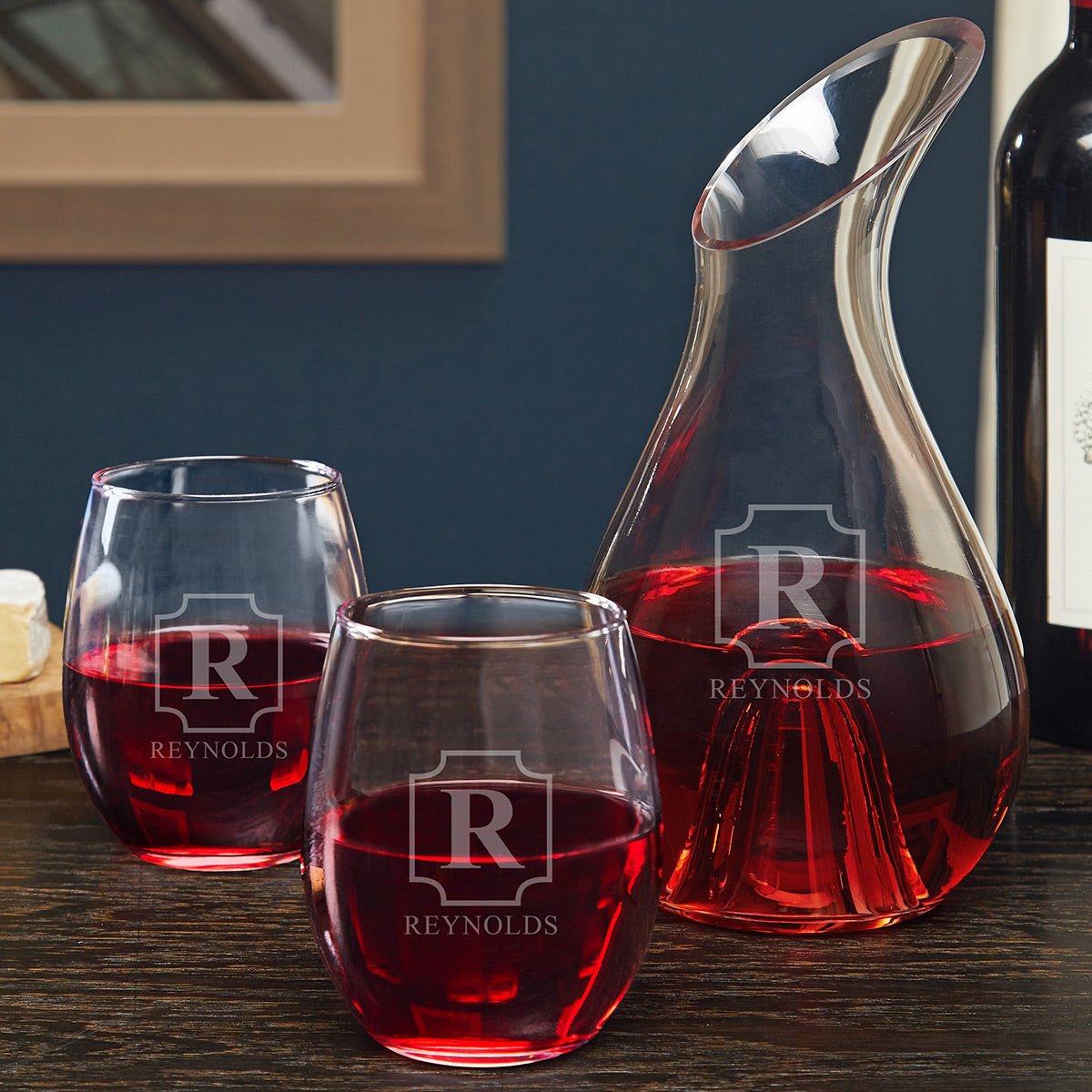 Monogrammed Wine Decanter Set w Stemless Glasses