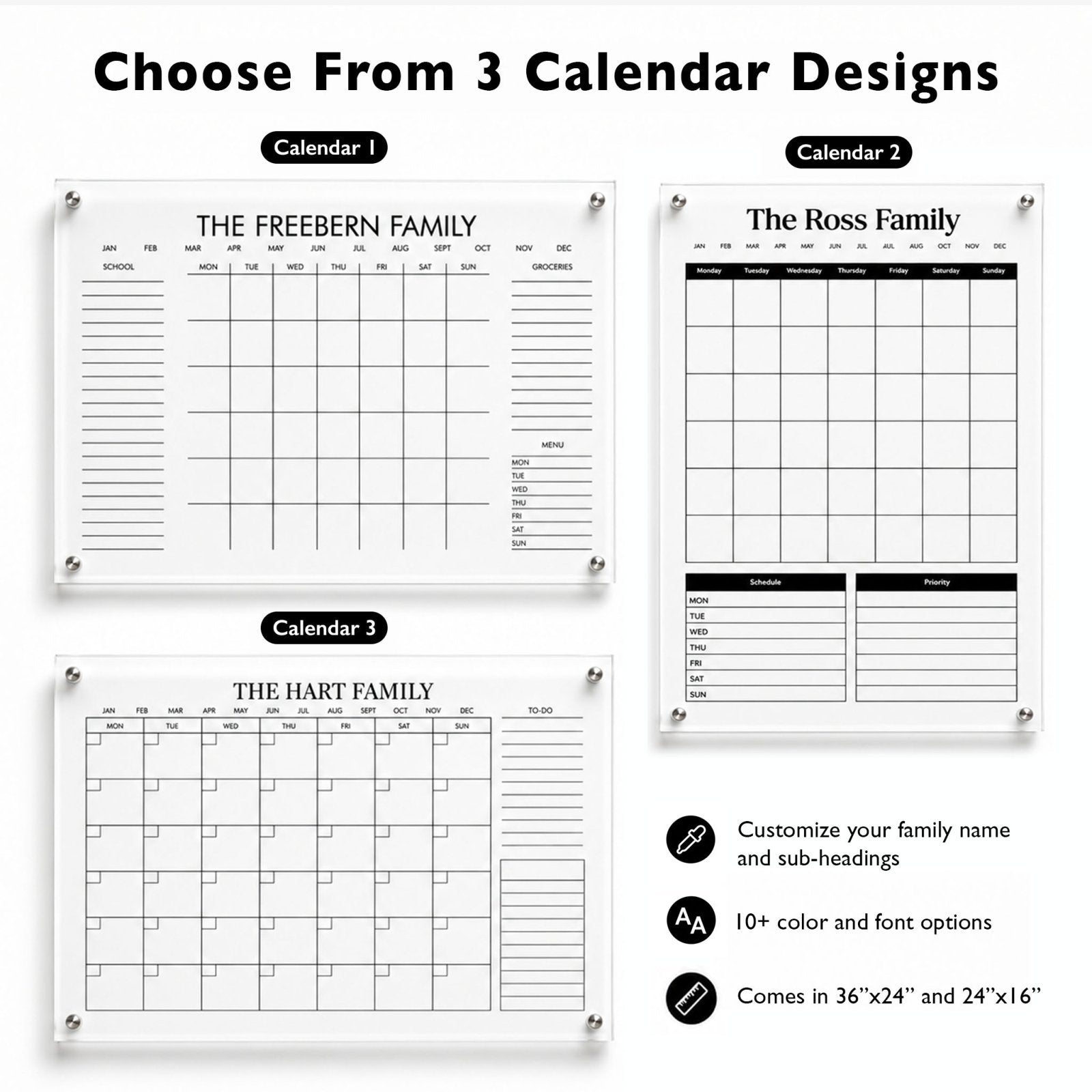 Three personalized acrylic family wall calendar design options