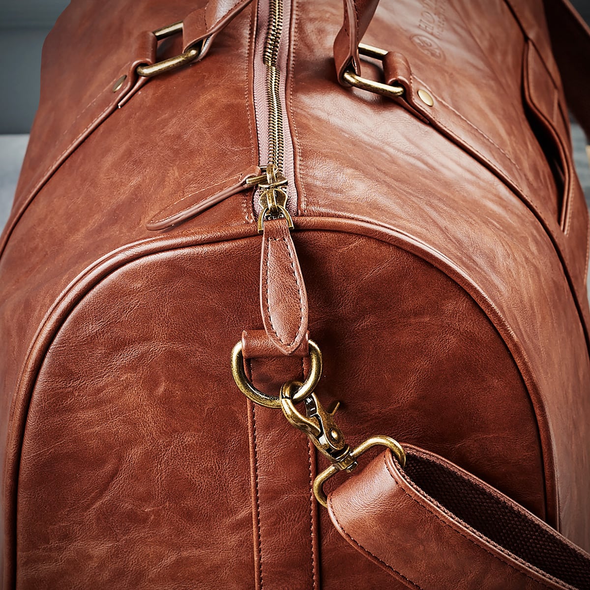 Personalized Theodore Mens Duffle Bag, Large Weekend Bag with Suitcase Strap Brown