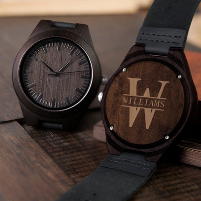 Personalized Wooden Watch with black Leather Band