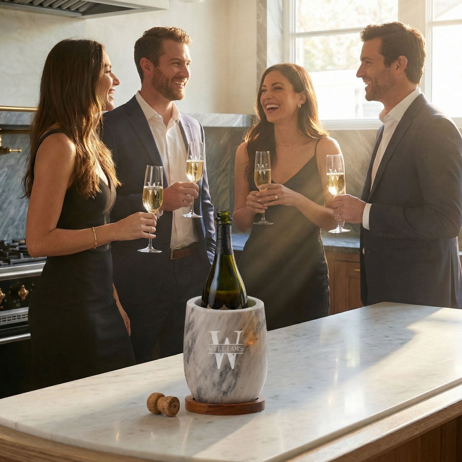 group of people enjoying the Champagne Chiller w/ Flute Glasses - White Marble