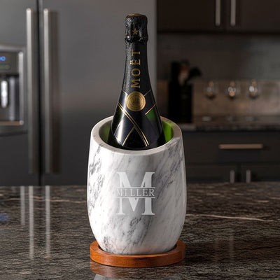 engraved reed slanted marble champagne & wine chiller with champagne bottle