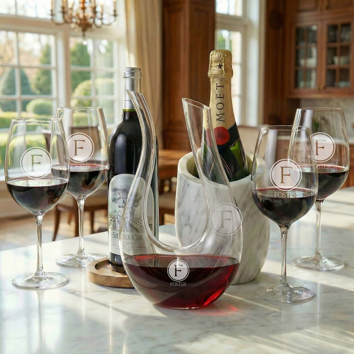custom engraved Reed Marble Wine Chiller Set w/ Dolcetto Decanter and 4 red Wine Glasses