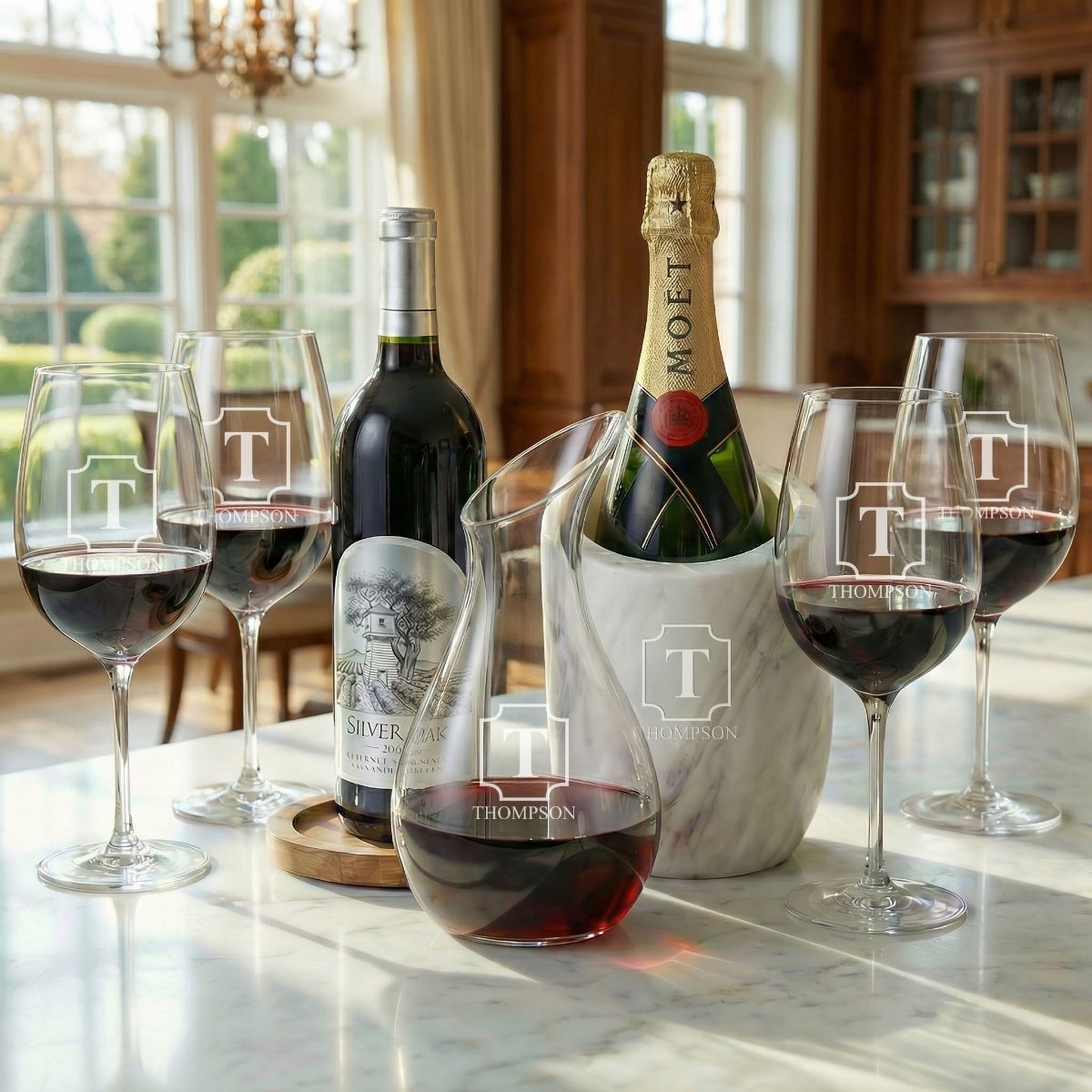 Reed Marble Wine Chiller Set w/ Slant Decanter & Wine Glasses