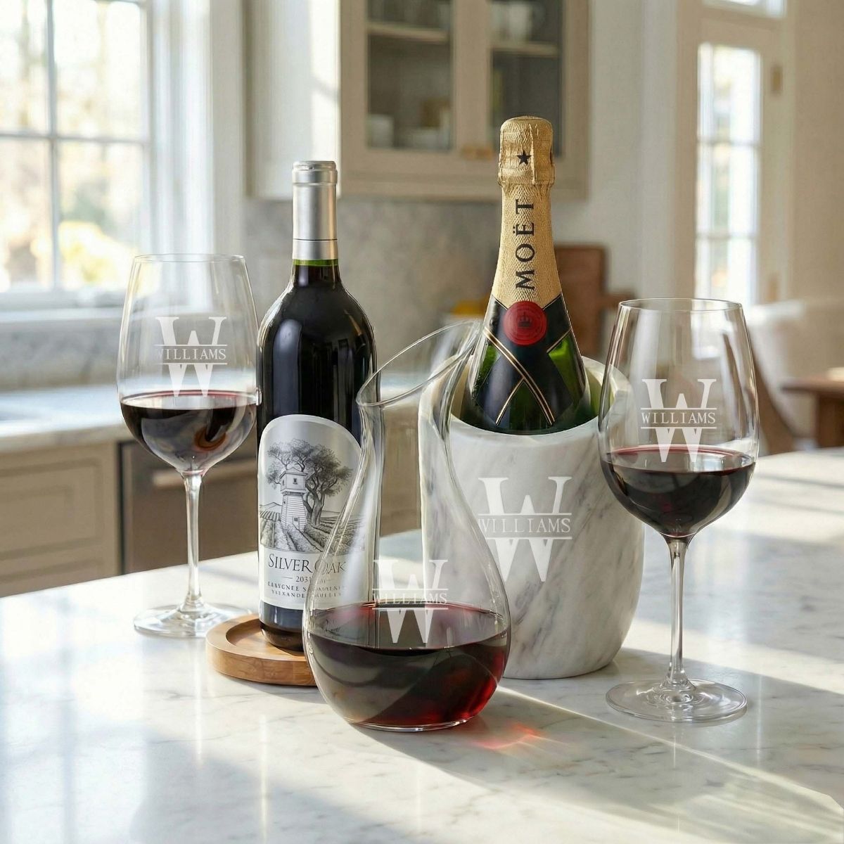 Reed Marble Wine Chiller Set w/ Slant Decanter & Wine Glasses