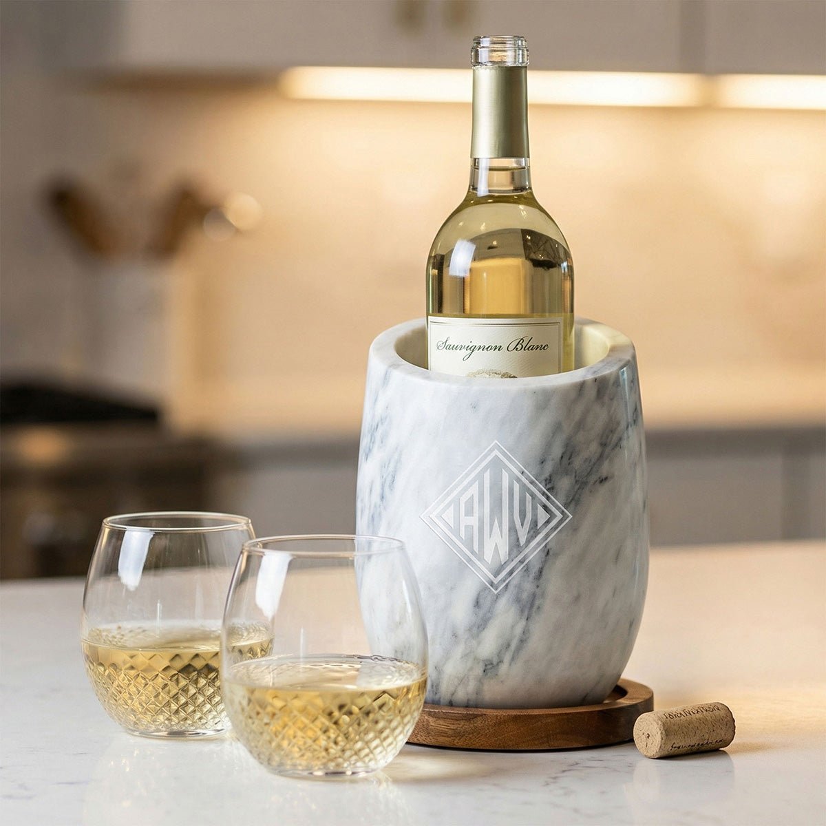 Reed Wine Chiller Gift Set w/ Avignon Glasses - White Marble