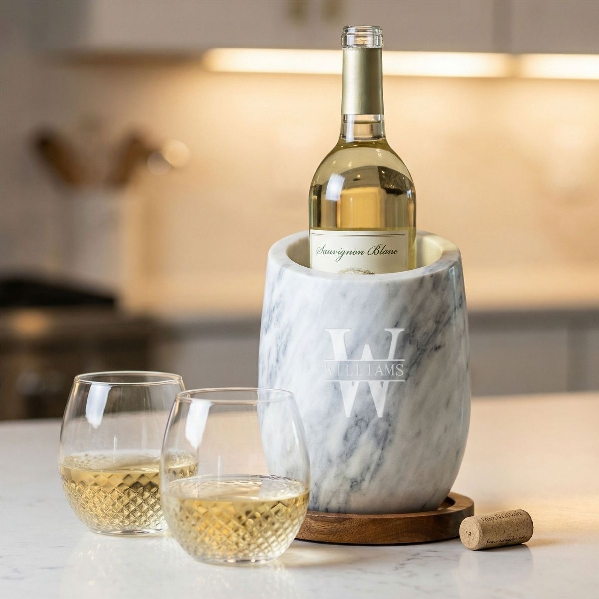 Reed Wine Chiller Gift Set w/ Avignon Glasses - White Marble