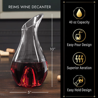 Reims Engraved Wine Decanter w Easy Pour details and measurements