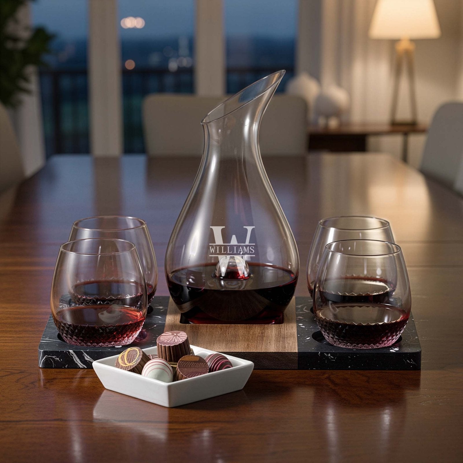 Wine Gift Set - Winslow Marble Serving Tray, Custom Wine Decanter & Avignon Glasses in a dining room setting