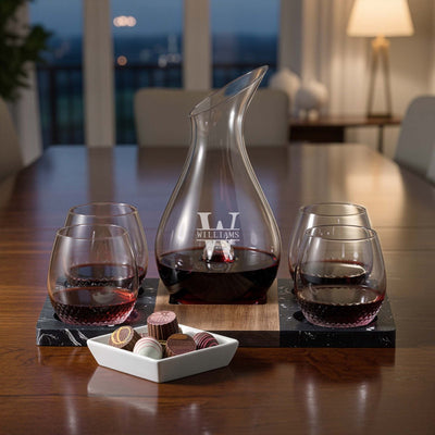 Wine Gift Set - Winslow Marble Serving Tray, Custom Wine Decanter & Avignon Glasses in a dining room setting