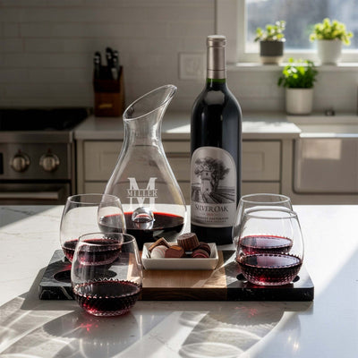 Reims Wine Gift Set - Winslow Marble Serving Tray, Wine Decanter & Avignon Glasses in a marble countertop