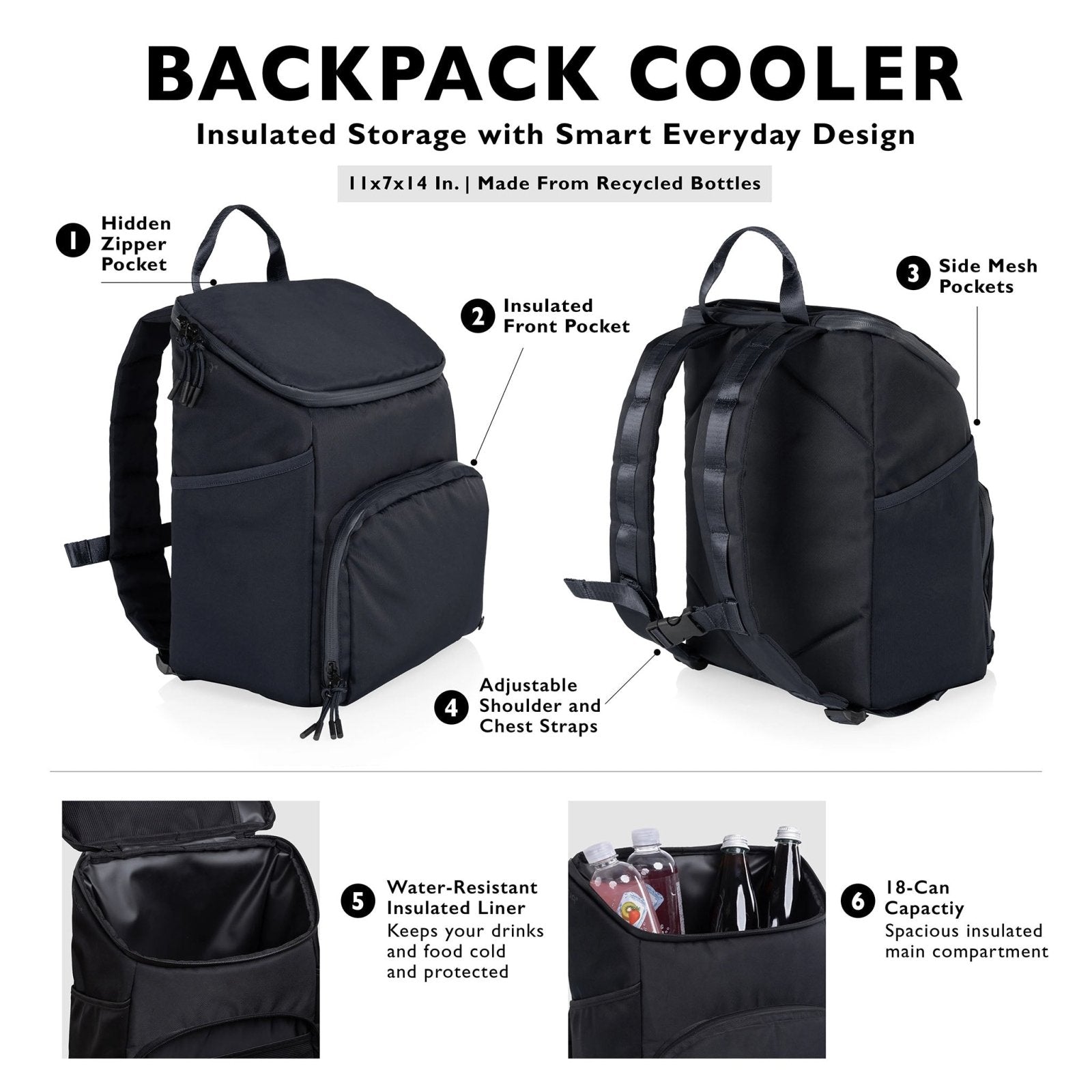 Ridgewell Recycled 18 Can Insulated Backpack Cooler - Black