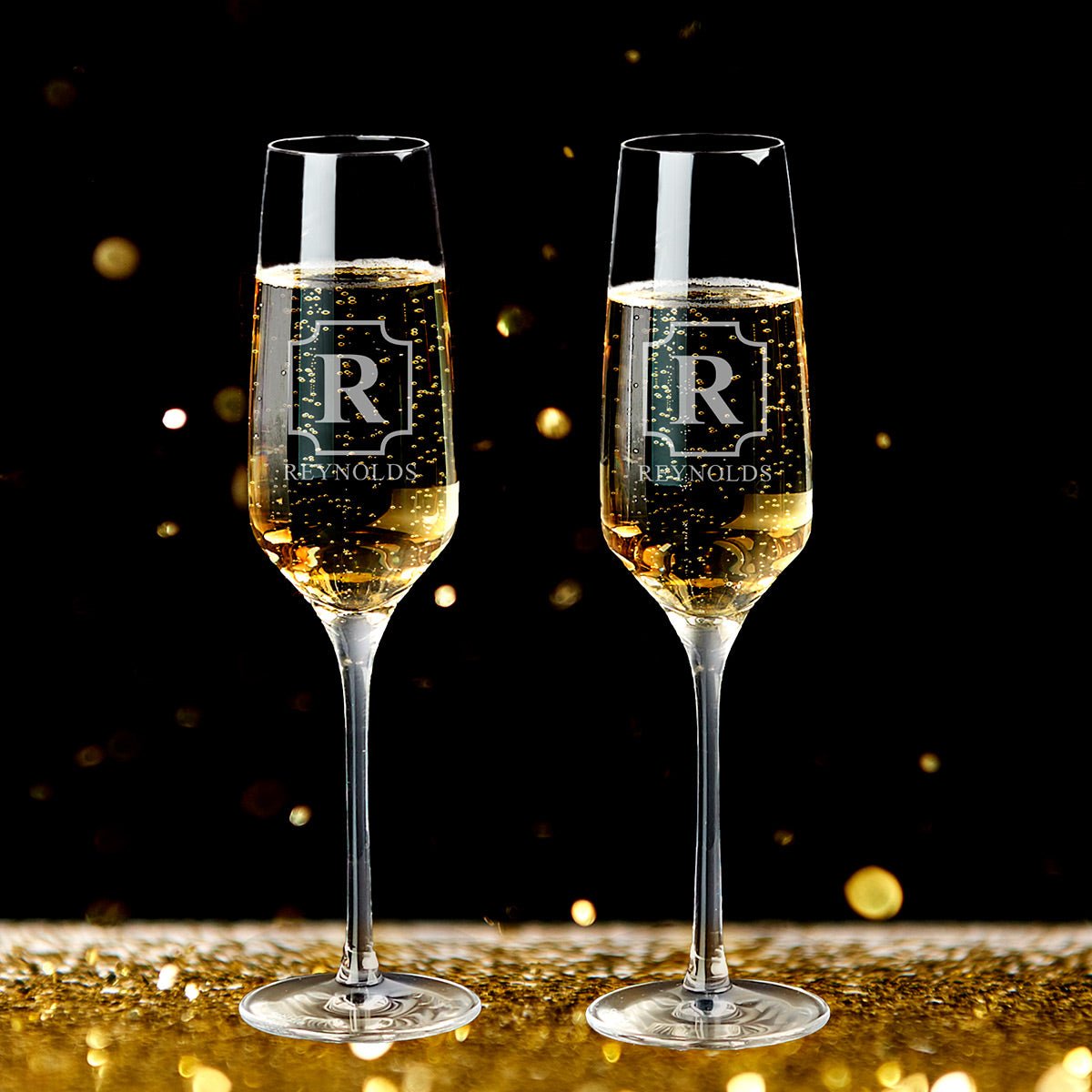 Stolzle Personalized Champagne Flutes with White Marble Champagne Bottle Chiller