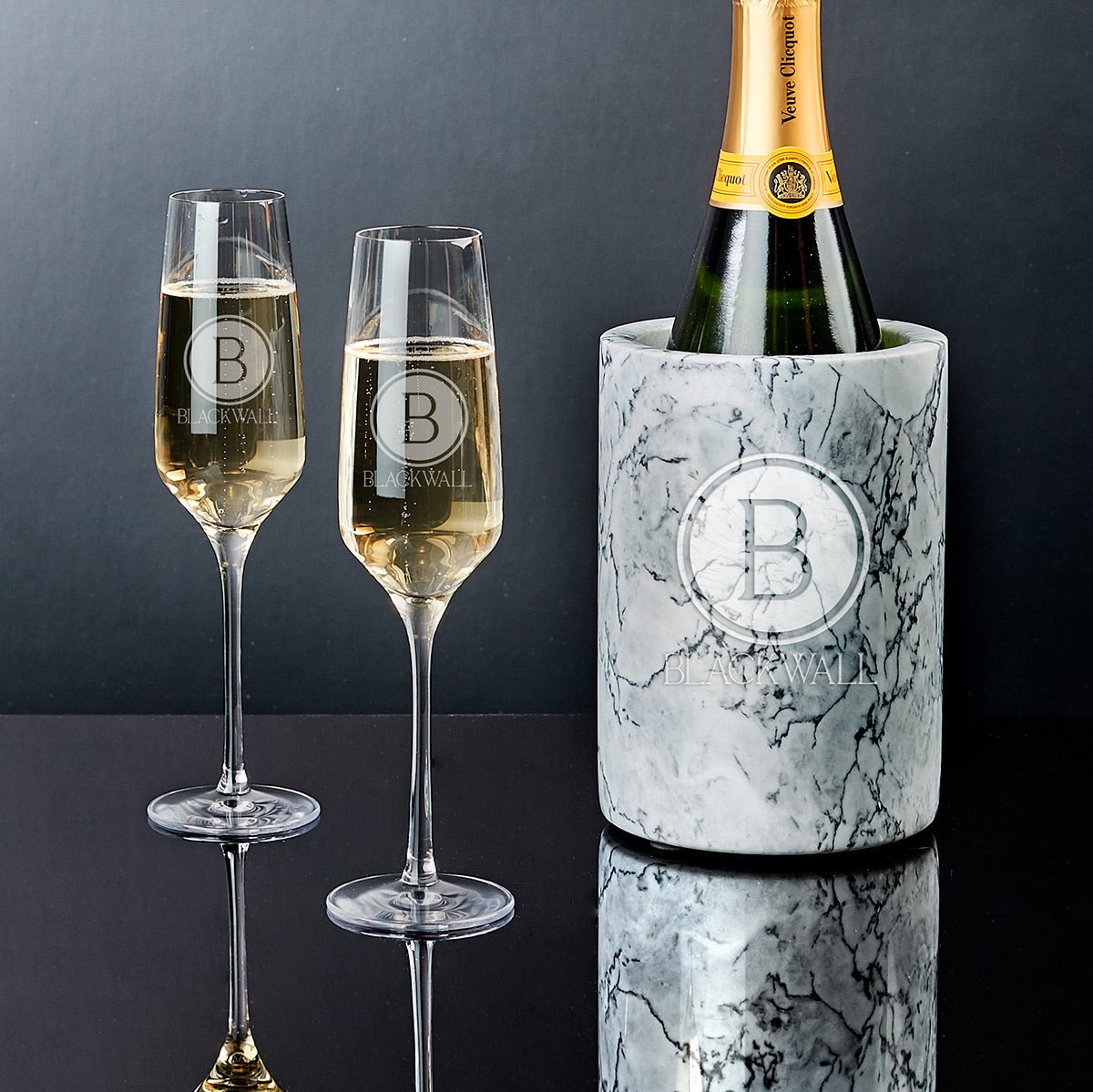 Stolzle Personalized Champagne Flutes with White Marble Champagne Bottle Chiller