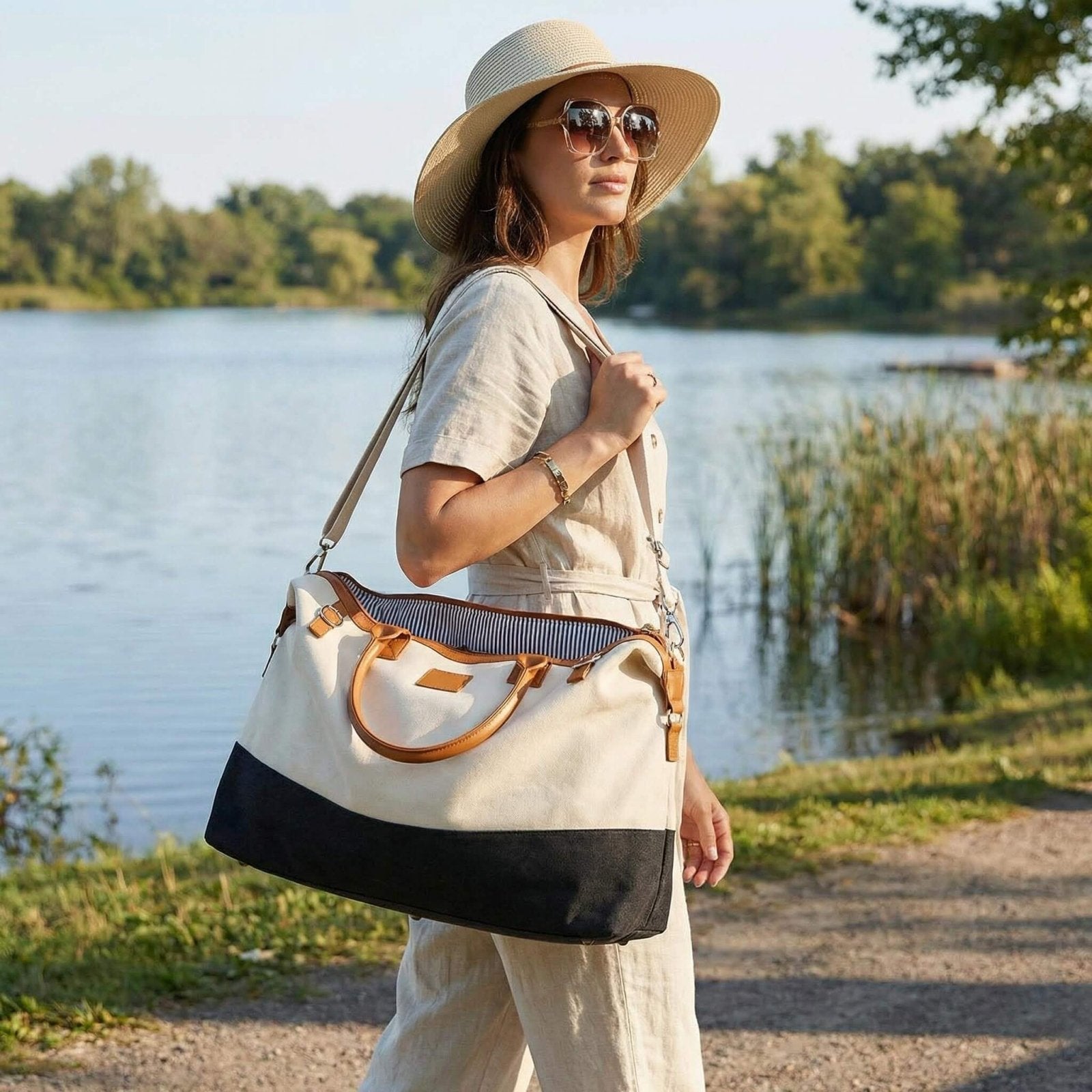 Strathmoor Weekender Travel Bag Tote for Women, White & Black