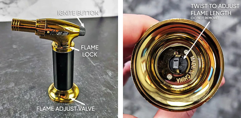 Gold butane torch labeled ignite button, flame lock, flame adjust valve, and bottom twist flame length adjuster.