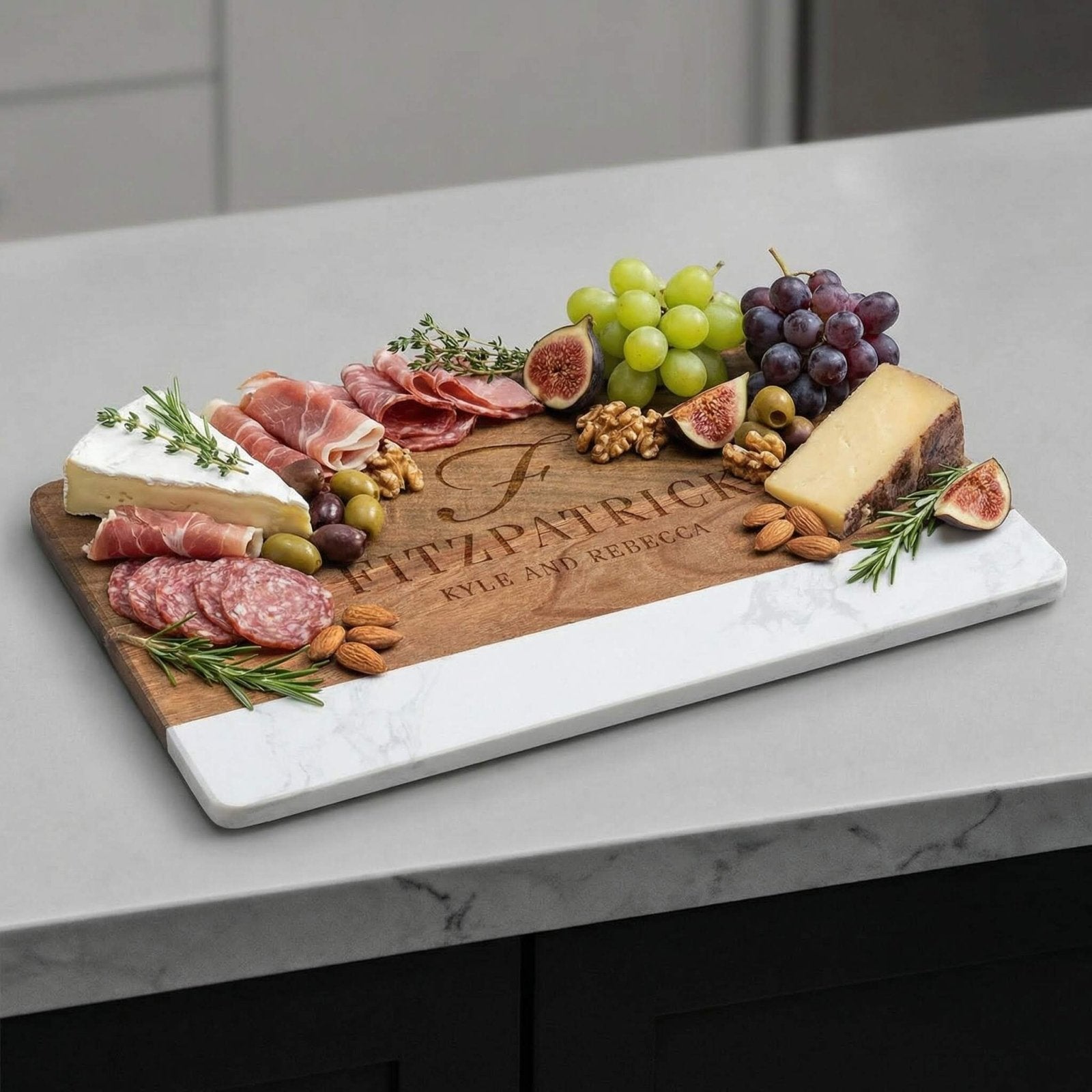 Trieste Personalized Marble Cutting Board - White Marble and Wood Charcuterie Board for Cheese 16 x 9 x 1/2 inch